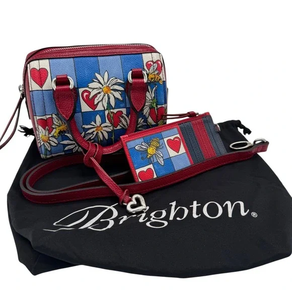 Brighton Bee Happy Mini Satchel Bag Card Organizer Dust Bag Red Blue Daisy Heart