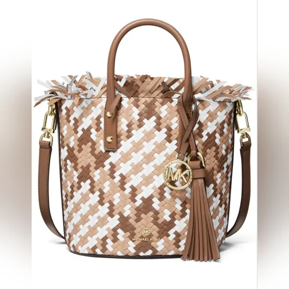 Michael Kors Medium Marley Woven Bucket Bag Tote Crossbody Leather