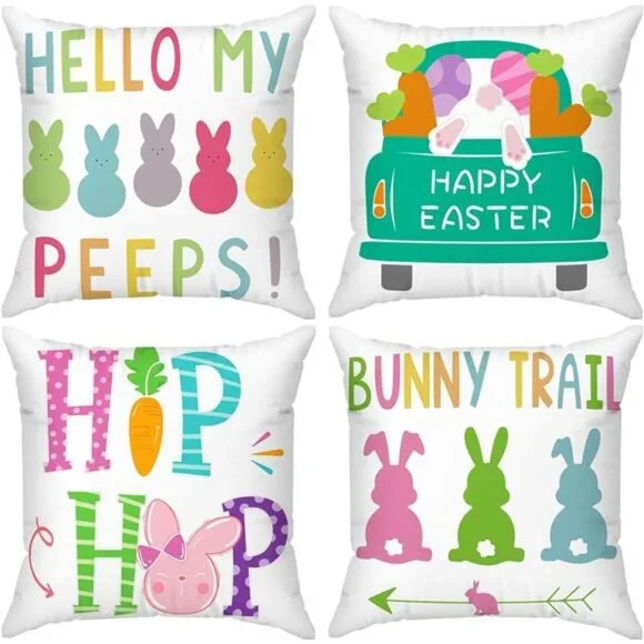 Minetom Easter Pillow Covers 18x18 Set of 4 Easter Decorations for Home Bunny