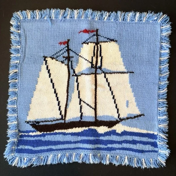 Vintage Textile‎ Nautical Clipper Ship Throw Pillow Cover Sham Blue & White 15