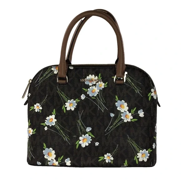 Michael Kors Cindy Dome Satchel‎ Brown White Blue Floral Handbag Purse MK Logo