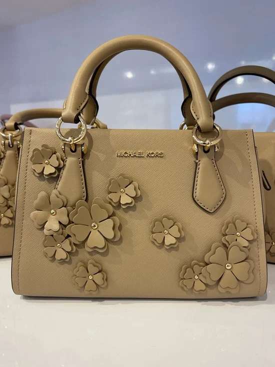 MICHAEL KORS Marilyn Sm Floral Embellished Satchel Messenger Crossbody Camel NW