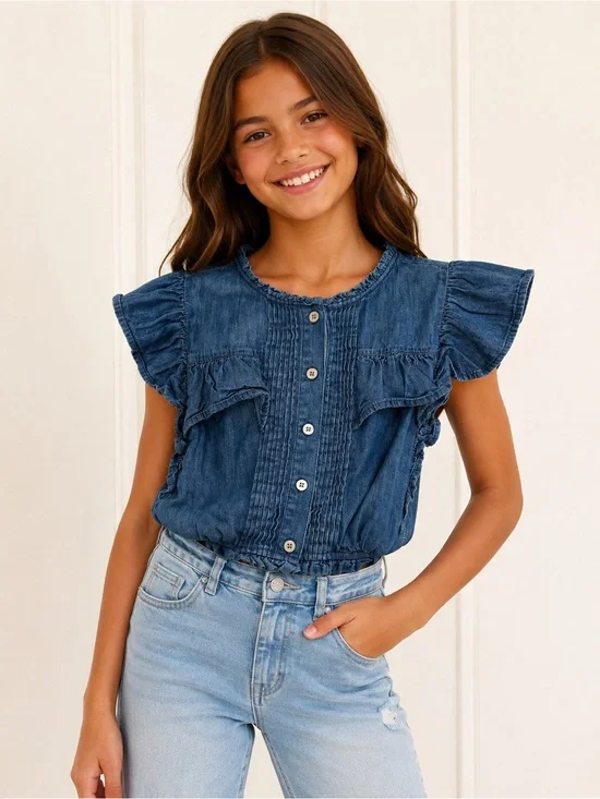 Gap x LoveShackFancy Girls Chambray Ruffle Sleeve Top Size Medium
