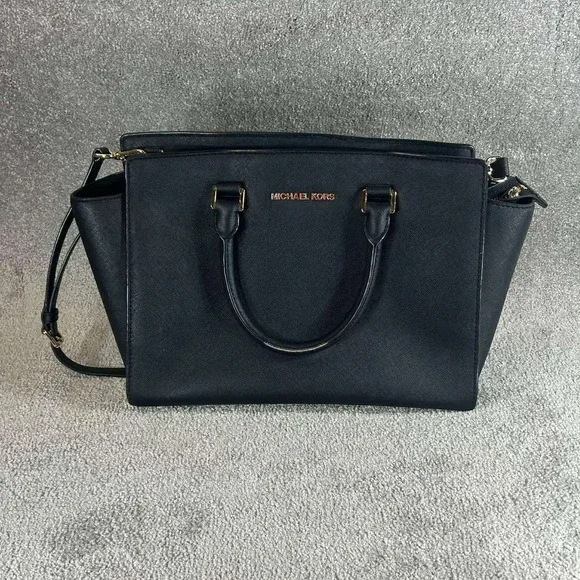 Michael Kors Selma Satchel Black Saffiano Leather Gold Hardware