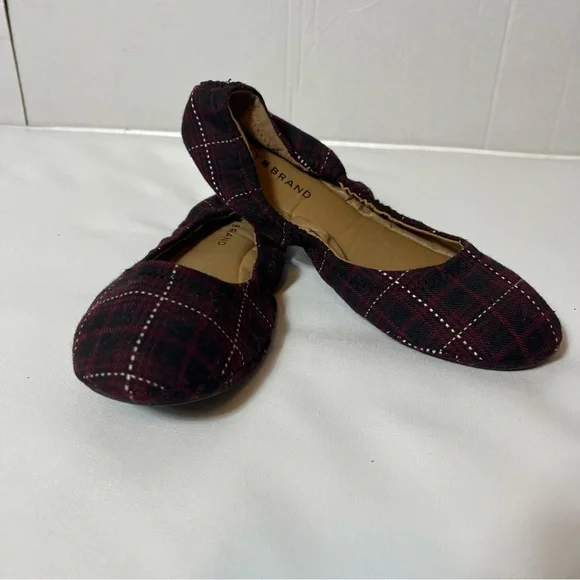 Lucky Brand Erin Plaid Ballet Flats Slip On Burgundy/blk/wht Fabric Shoes Sz 8M