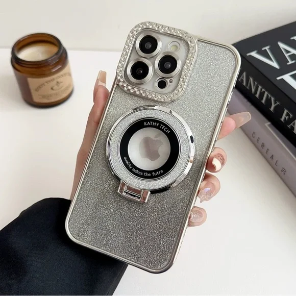 Silver Glitter iPhone 14 Plus Case with Ring Holder