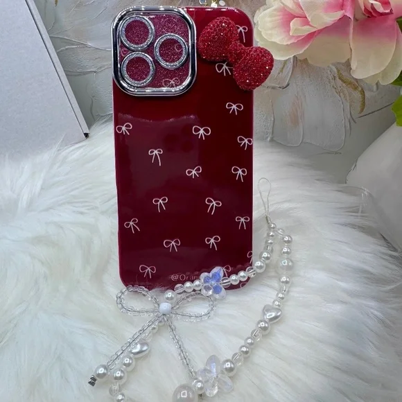 Chic iPhone 16 Pro Max Bow Theme Wine Case w/ bows design & matching bead charm