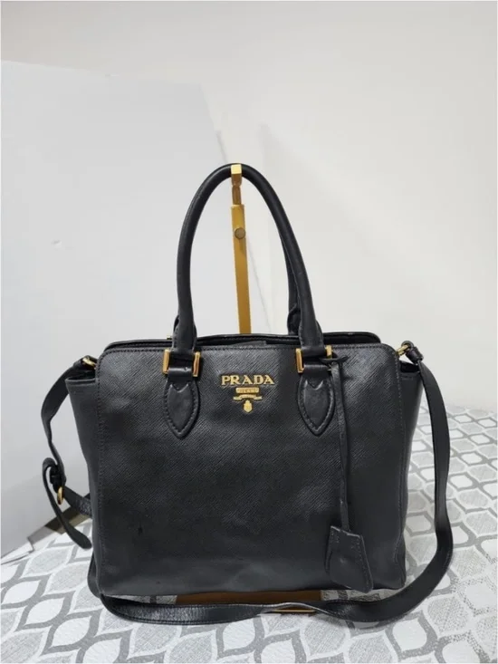 Authentic PRADA Baltico Saffiano And Soft Calfskin Leather Small Satchel Bag Bla