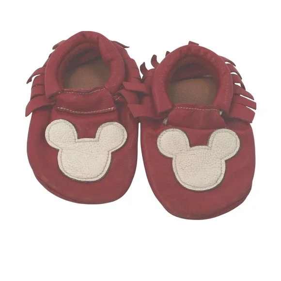Red Leather Mickey Mouse Baby Moccasins Soft Sole Fringe Shoes‎
