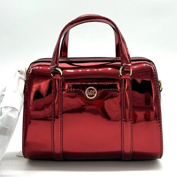 Michael Kors Jet Set Small Patent Duffel Crossbody Bag Cherry