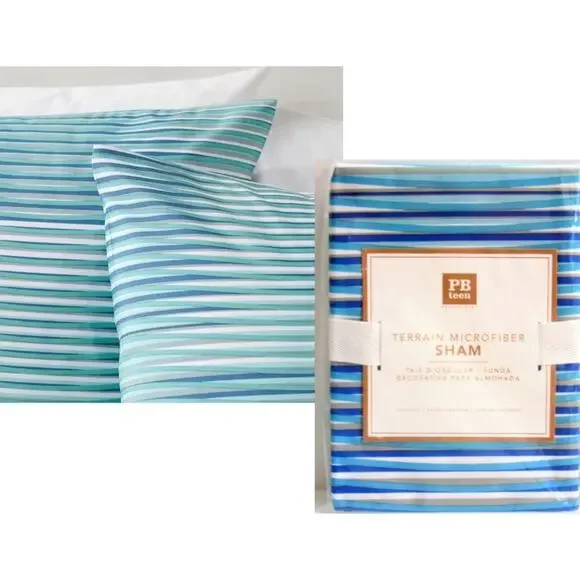 NEW PB Teen Standard PILLOW CASE Blue White Striped Organic Terrain Microfiber