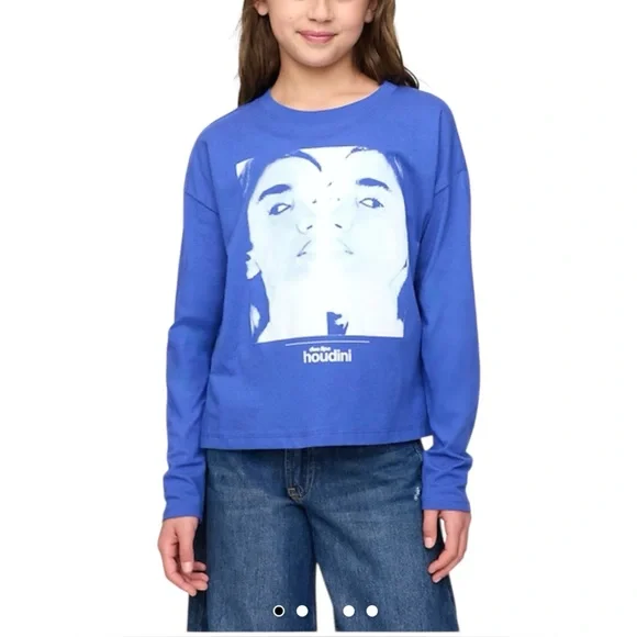 GAP Kids Blue Dua Lipa Oversized Boxy T-Shirt Graphic Long Sleeve Shirt, S (6-7)