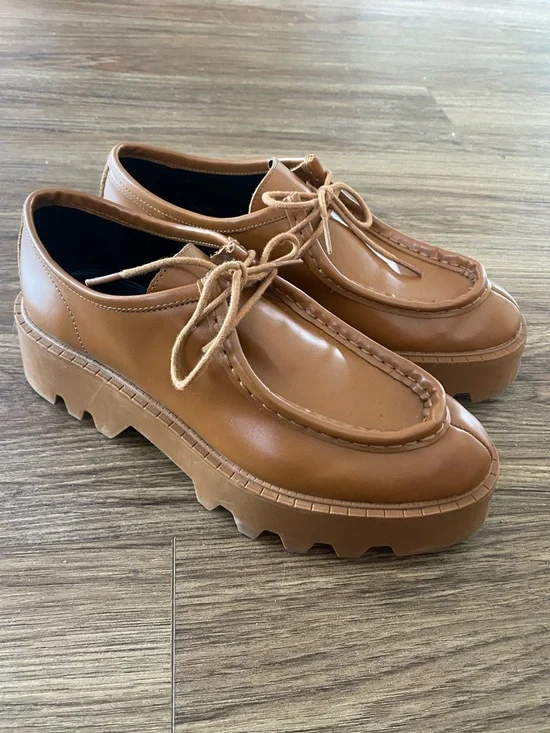 Zara Women's leather Brown Platform Track lug sole loafers size 39 US 8