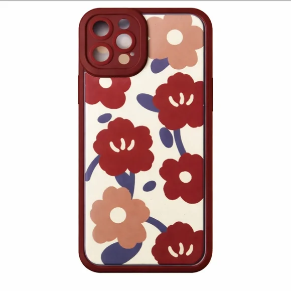 iPhone 13/14 Case Burgundy Retro Floral Print Cream Mod Flower Design