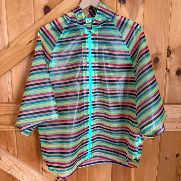 Gap Kids Rain Poncho Kids‎ XXL Multi Stripe Teal Pink Yellow Waterproof Hood Zip