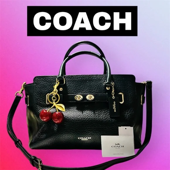 COACH soho Black Leather Carryall crossbody bag Satchel with Red Cherry Charm
