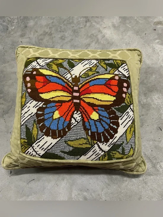 Vintage Pillow Butterfly Needlepoint Zipper Green Butterlfies Cross Stitch