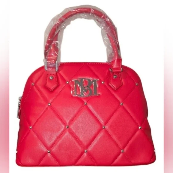 Badgley Mischka Red Quilted Satchell With Silver Accents, New!