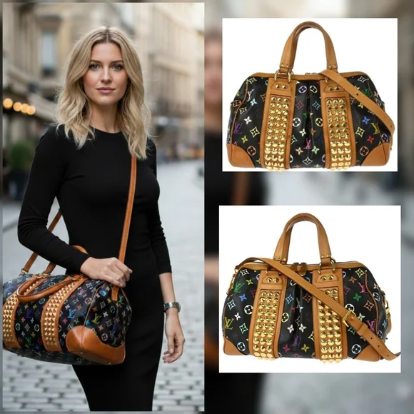 Authentic Louis Vuitton Black Multicolor Courtney MM HandbagTR1180