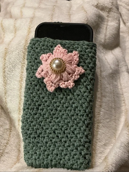 Crochet Phone Sleeve with Pink Flower Accent