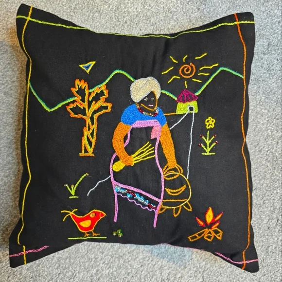 Vintage African Folk Art Hand Embroidered Throw Pillow