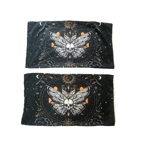 Celestial Black Skull Butterfly Dark Whimsical Pillow Case Set Mystical Sleep