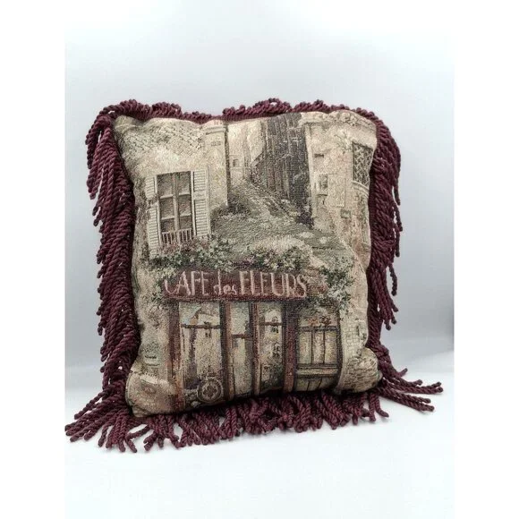 Vinatge 90s y2k Cafe De Fleurs Tapestry Throw Pillow With Burgundy Fringe