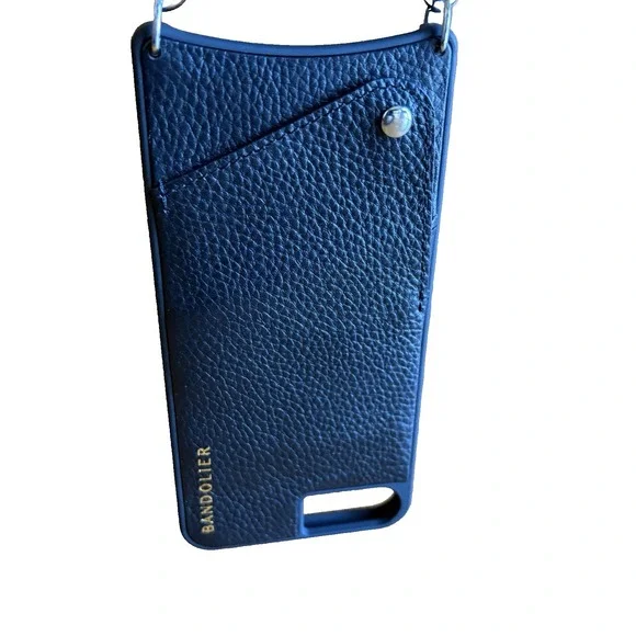 Bandolier Crossbody Phone Case Black Pebbled Leather Silver Studs iPhone +8