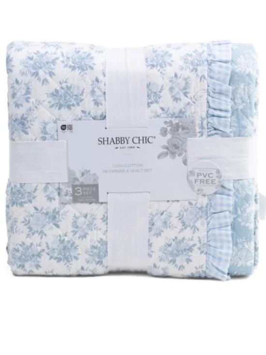 Shabby Chic Light Blue Floral Ruffled Cotton Quilt Set
