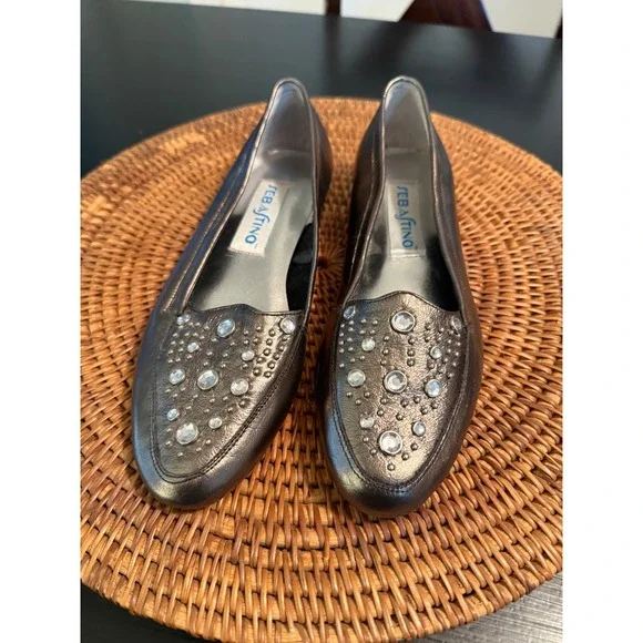 Sebastino Brock Womens 7.5 M Metallic Pewter Leather Rhinestone Studded Loafers