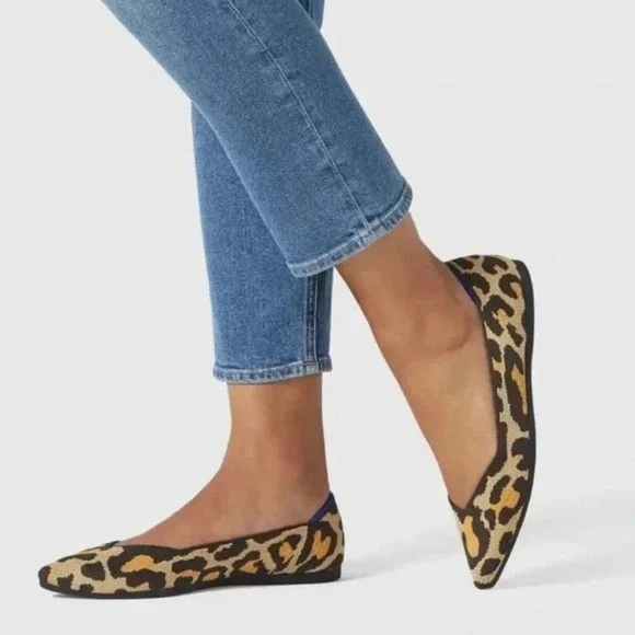 Sz 7 Rothy's The Point Big Cat Leopard Print Brown Tan Knit Flats Shoes VGUC!