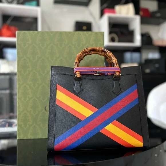 GUCCI Black/Multicolor Leather Lunar New Year Medium Diana Bamboo Handle Bag