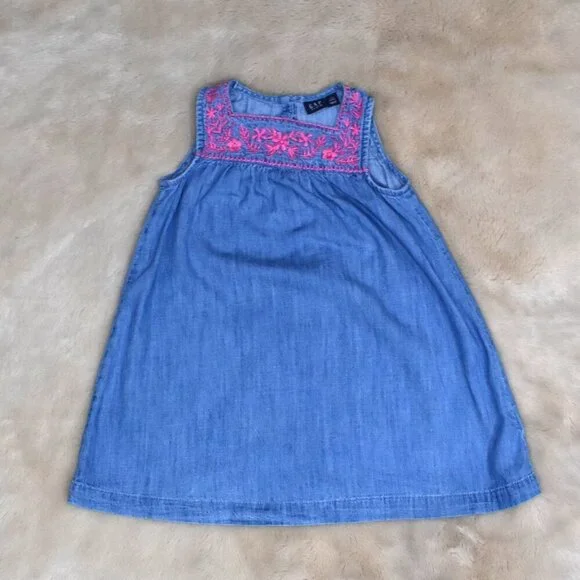 Gap Blue Sleeveless Denim Dress Floral Design Size 4 Years