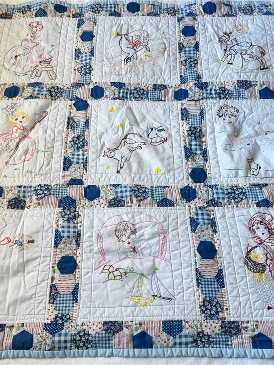 Vintage Embroidered Nursery Quilt Baby Blanket 38x38 Fleece Back Storybook