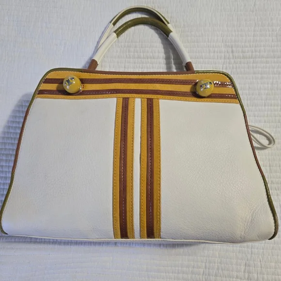 Vtg Tory Burch Limited Edition Contrast-T Striped Pebbled Leather Satchel
