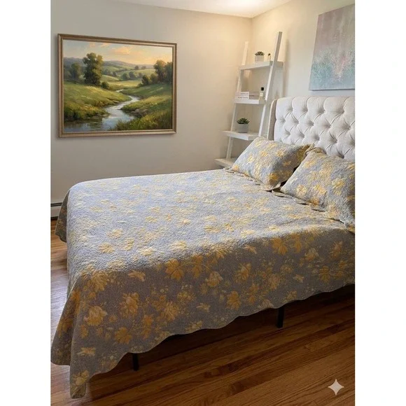 Soft Surroundings Yellow Blue Floral Scalloped Queen Quilt, Bedskirt & 2 Shams