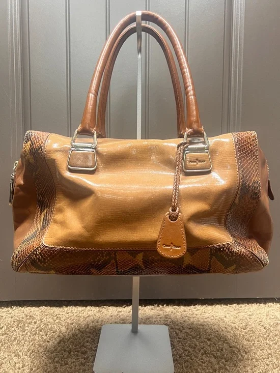 Cole Haan Snakeskin Brown Purse with Orange Interior