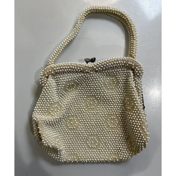 Vintage Cream Corde Lumered Beaded Floral Purse‎ Handbag 1950s 1960s Flowers