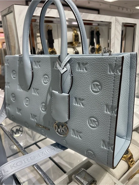Michael Kors Mirella Md Logo Debossed EW Top Zip Satchel Shouldr Tote Pale Ocean