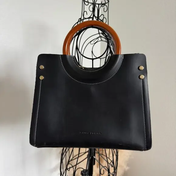 Laura Ashley Black Ivy Zip Tote Bag with Wooden Handles