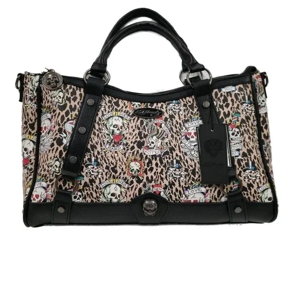 Ed Hardy Leopard Tattoo Print Satchel Handbag with Skull Hardware