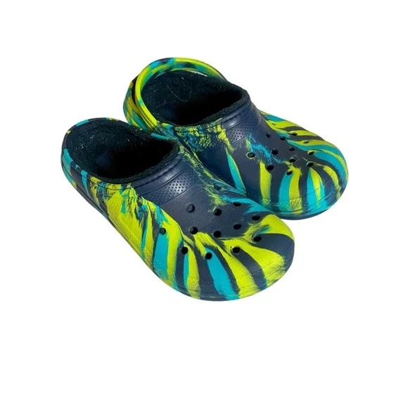 Crocs Marbled Clogs Kids Fleece Lined Size J6 Blue Tie Dye Slip‎ On