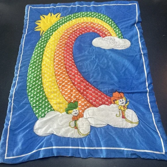 Vintage Handmade Baby Crib Quilt Rainbow Cowboy Duck 