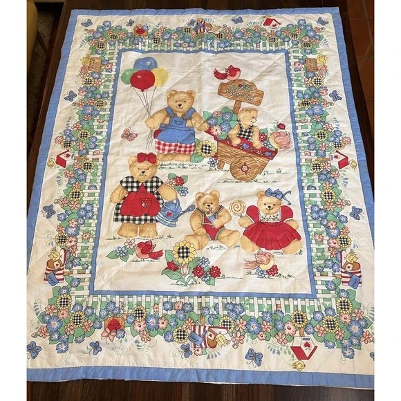Vtg Gardening Blue Jean Teddy Bear Blanket‎ Family Baby Quilt Handmade 34