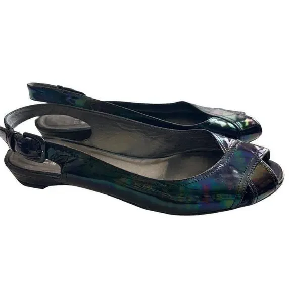 Stuart Weitzman Patent Leather Sling Back Flats Women's 8 Black Petrol Patent‎