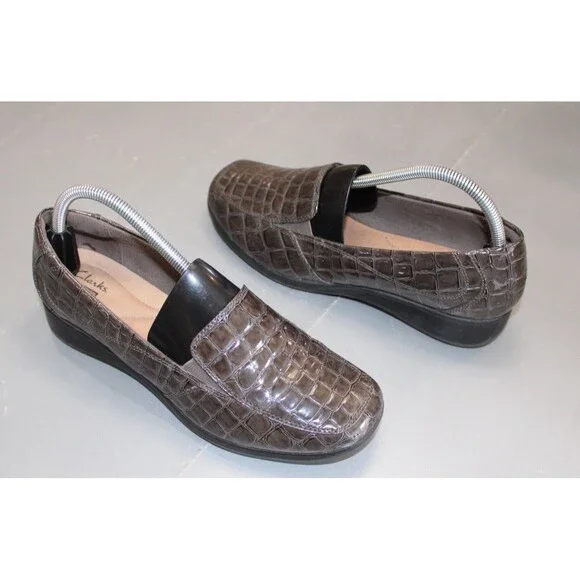 Clarks Collection Womens Gael Angora Loafer Shoes Brown Crocodile Embossed Sz 10