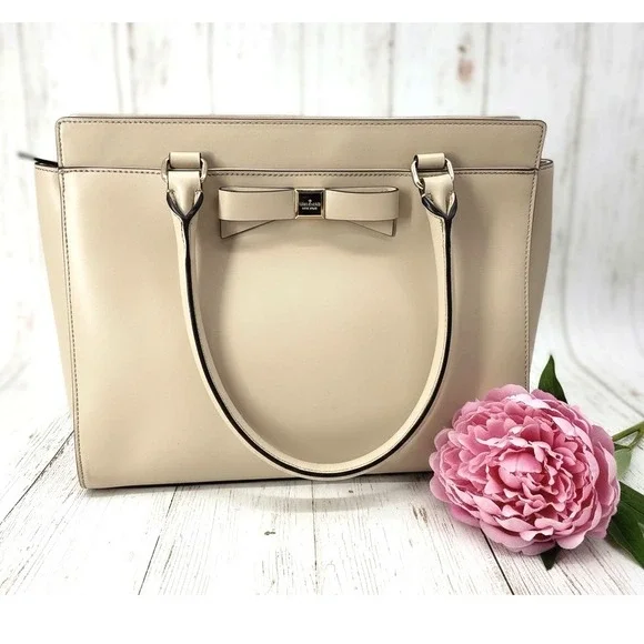 Kate‎ Spade Bow Tote Beige Saffiano Leather Bag Salmon Interior Large
