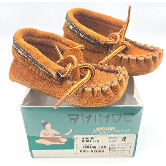 Vintage Animoc Indian Moccasins Baby Suede Booties Size 4 Tan Fringe with Box