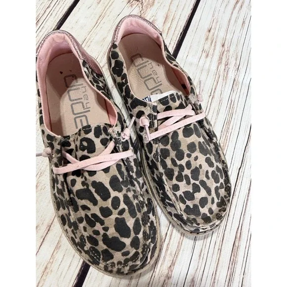 Hey Dude Wendy Girls Leopard Print Shoes Size 1 Gold Metallic Glitter Loafers