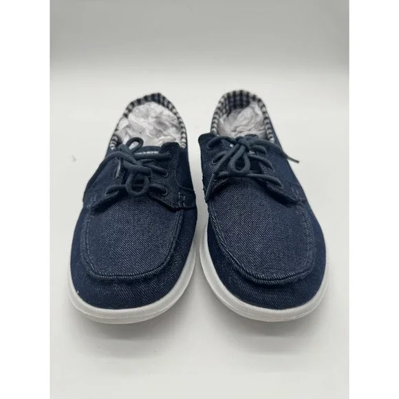 Skechers On-The-Go Womens 7 Navy Denim Gingham Boat Shoes Goga Max Loafers